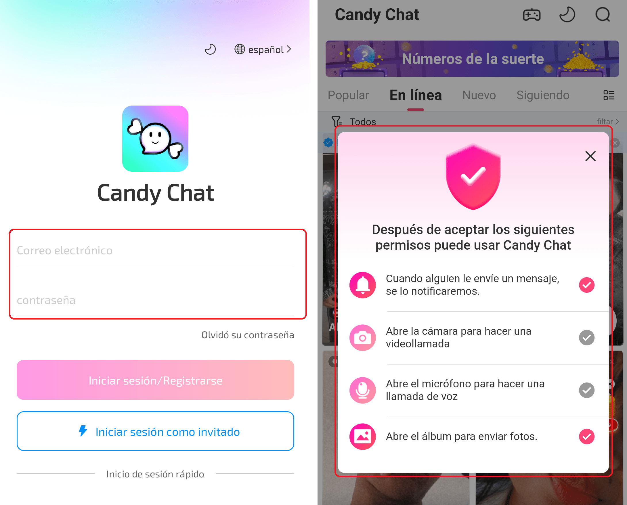 Iniciar sesion Candy Chat-