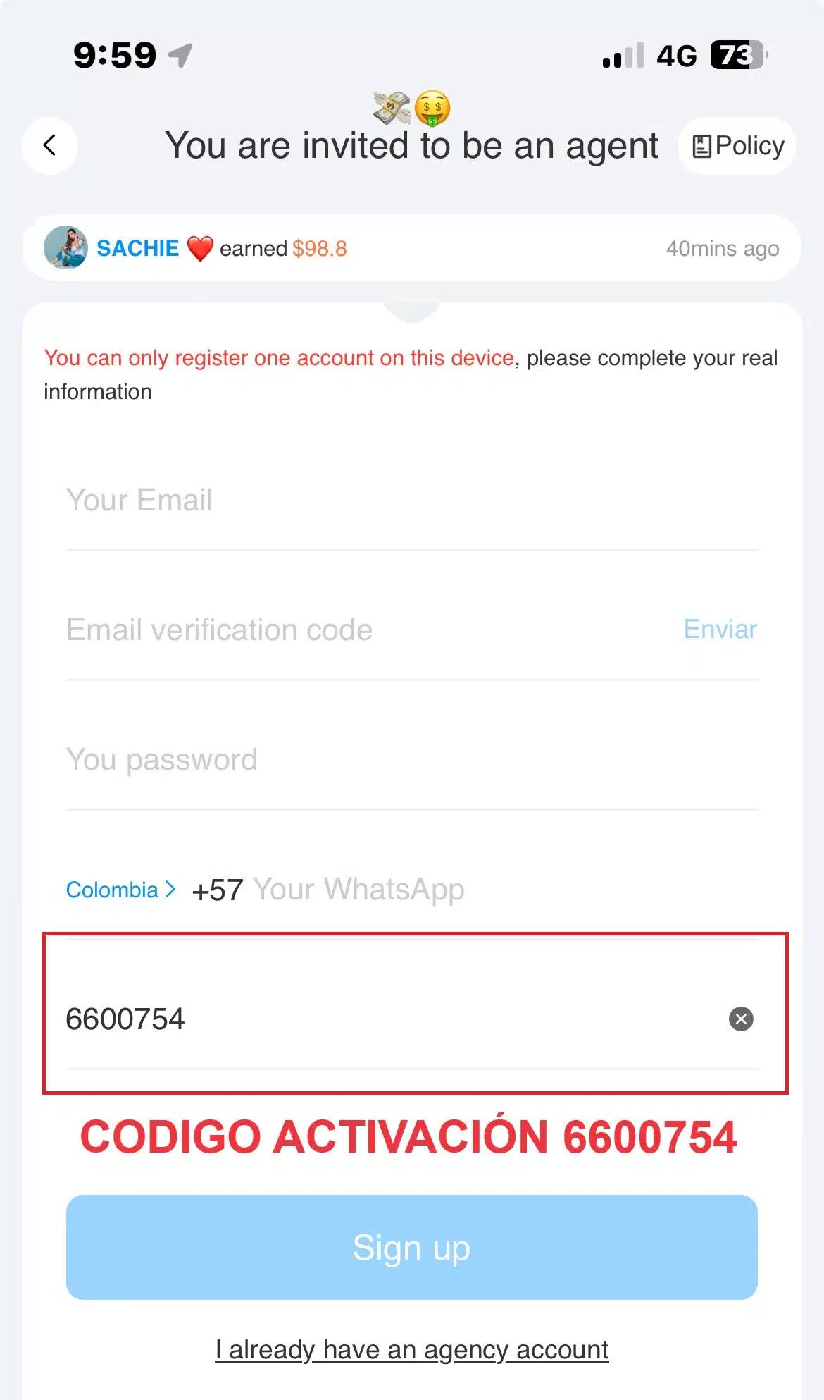 Codigo invitacion Agencias Mango
